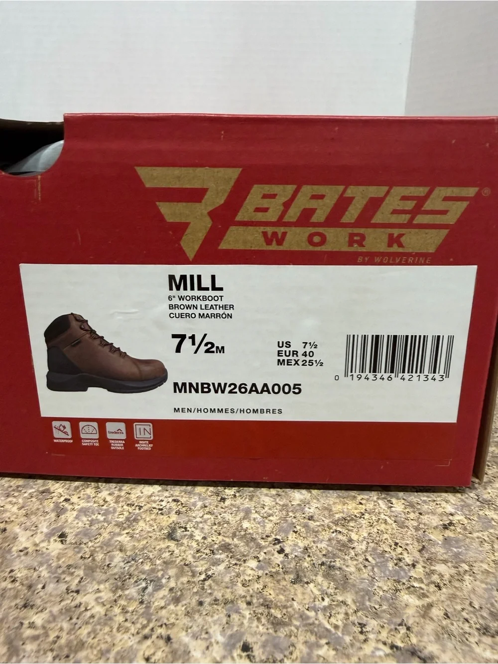 NWT Bates Work Mill Waterproof Composite Toe Leather Work Boots Men’s 7.5 Brown